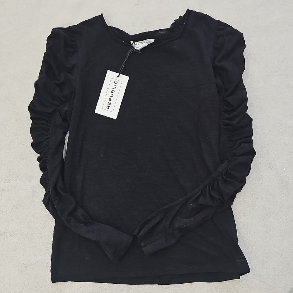 For The Republic Black Ruched Sleeve Blouse